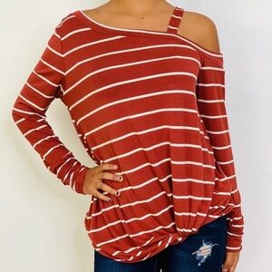 White Birch Women Burgundy Stripped Long Sleeves Relaxed Shirt Size L